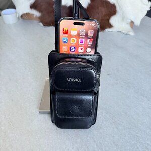 VERSACE 1013558 Black Calf Leather Phone Pouch Bag with lanyard ($1150 retail)